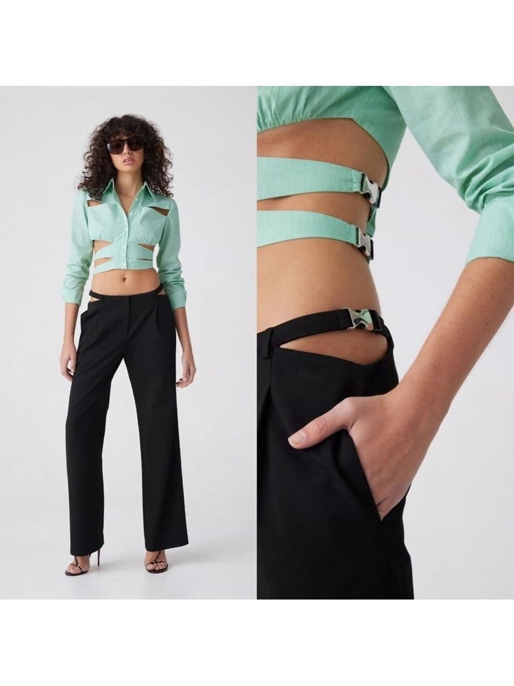 Women's ATOIR Green & White Striped Cut-Out Button Down Shirt and Skirt Set